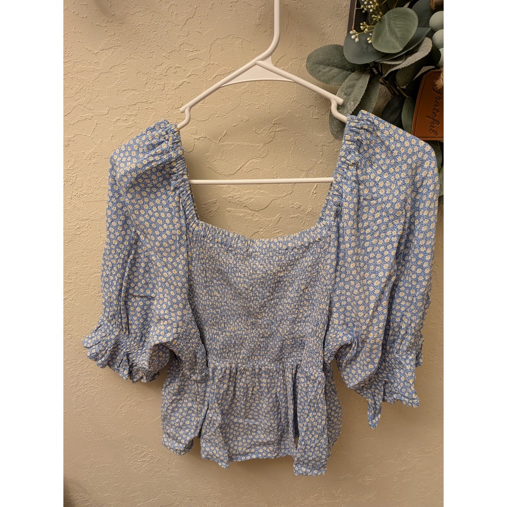 Dip Blue Floral Smocked Puff Sleeve Top Square Neck Peplum Blouse Large